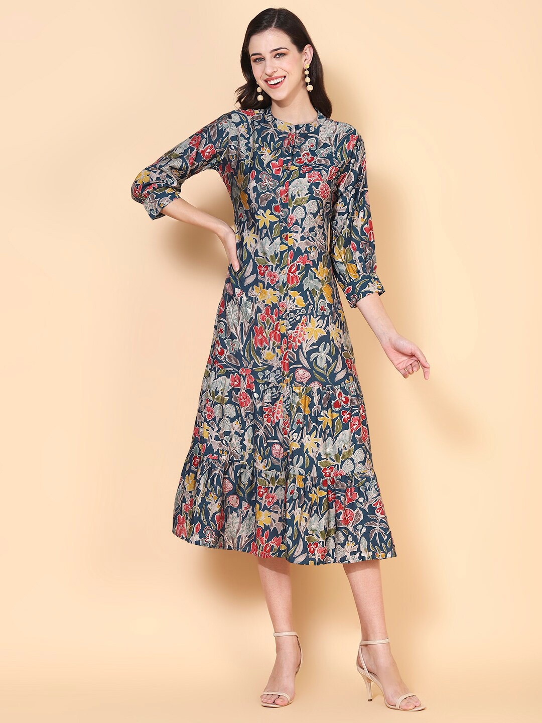 

FASHOR Floral A-Line Midi Silk Dress, Blue