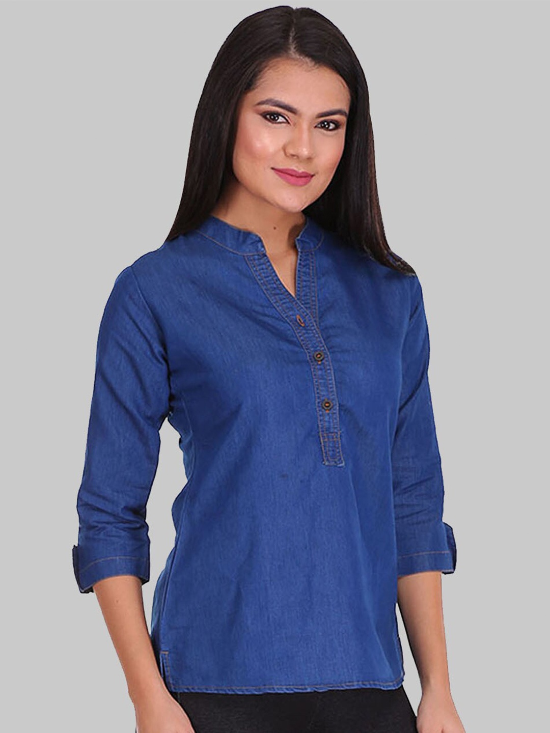 

SAUNDARYA Navy Blue Mandarin Collar Denim Shirt Style Top