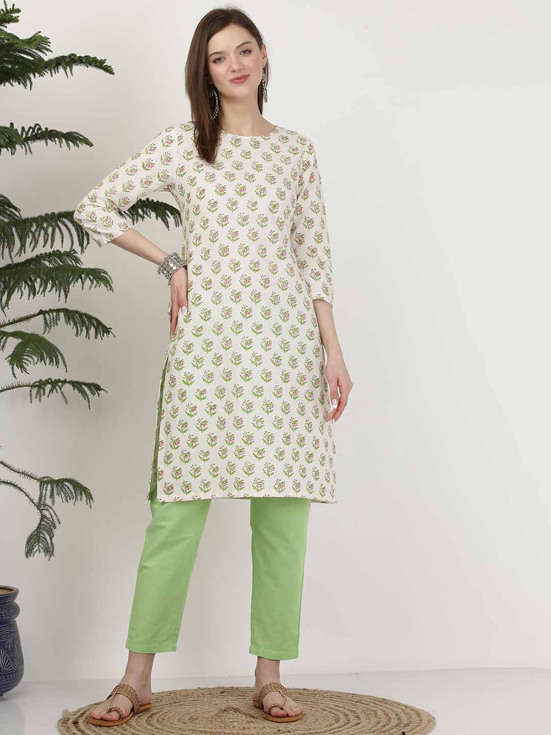 

KAANCHIE NANGGIA Women White Ethnic Motifs Printed Pure Cotton Kurta with Trousers