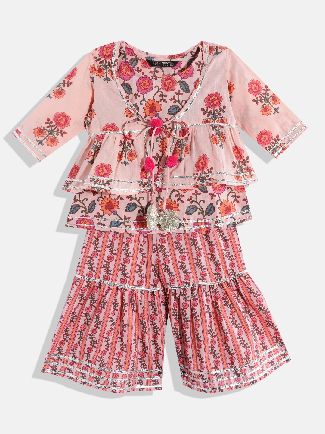 

Readiprint Girls Floral Printed Gotta Patti Cotton Kurti & Sharara with Jacket, Peach