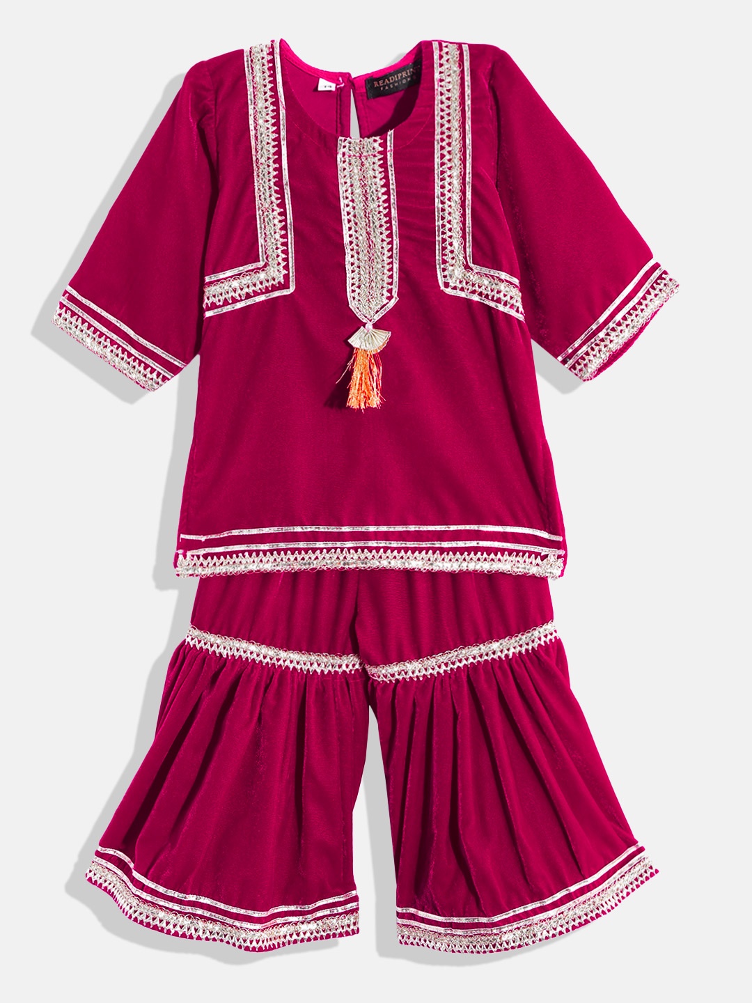 

Readiprint Fashions Girls Magenta Embroidered Gotta Patti Velvet Kurti with Sharara