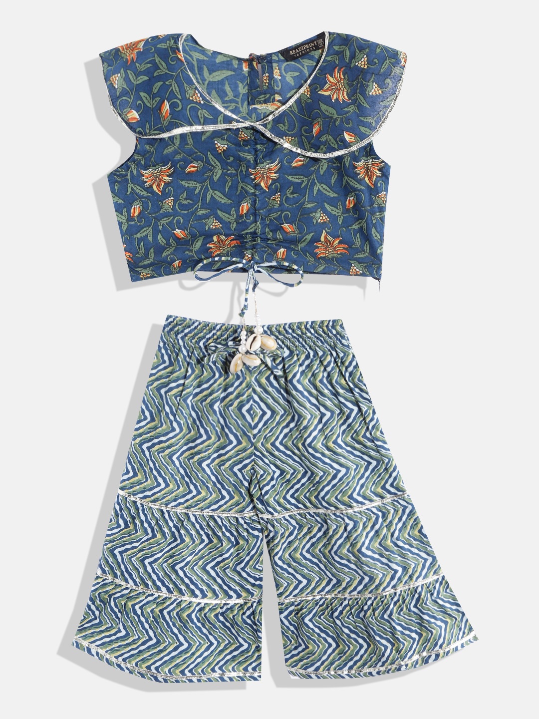

Readiprint Girls Floral Printed Gotta Patti Pure Cotton Top with Sharara, Blue
