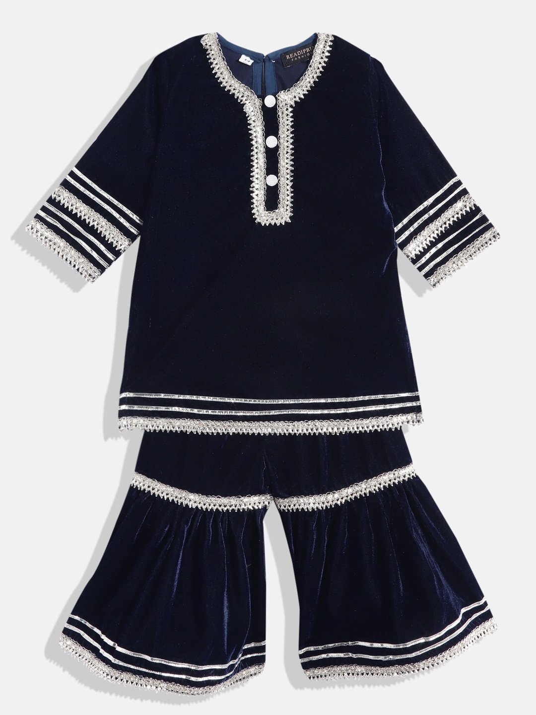 

Readiprint Fashions Girls Embroidered Gotta Patti Velvet Kurti with Sharara, Navy blue