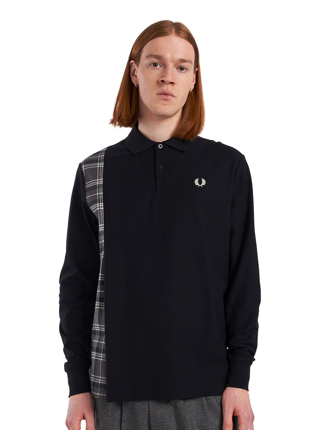 

Fred Perry Men Black & Grey Colourblocked Polo Collar Pure Cotton T-shirt