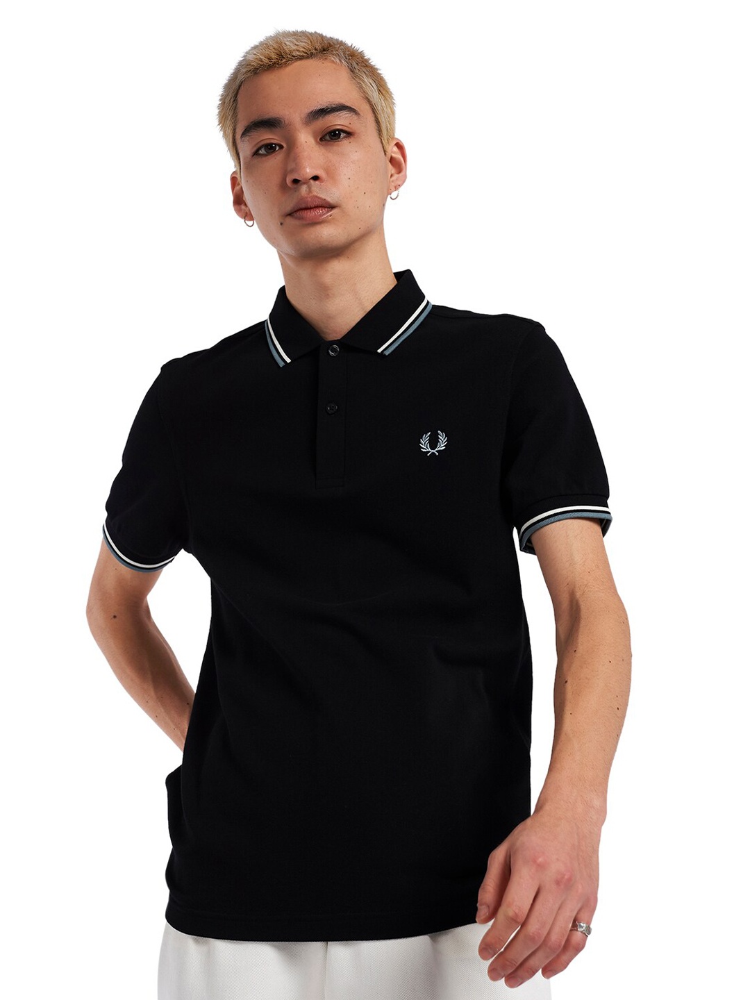

Fred Perry Men Black & White Polo Collar Pure Cotton T-shirt
