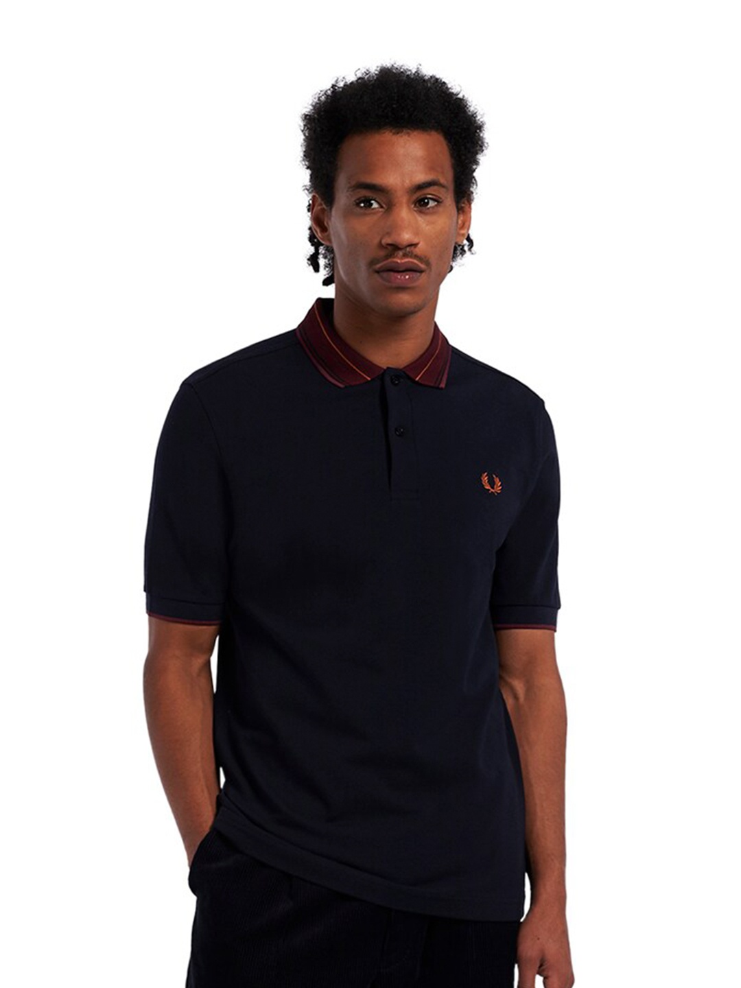 

Fred Perry Men Navy Blue & Brown Polo Collar Pure Cotton T-shirt