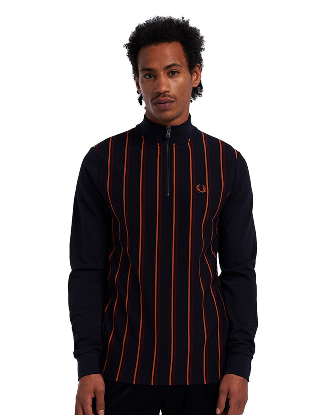 

Fred Perry Men Navy Blue Striped High Neck Pure Cotton T-shirt
