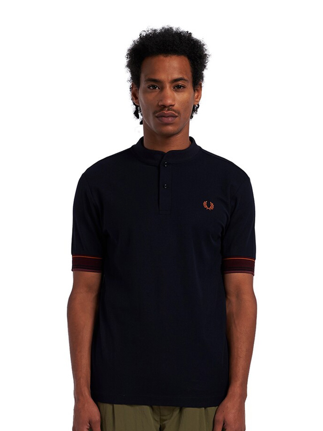 

Fred Perry Men Navy Blue Mandarin Collar Pure Cotton T-shirt