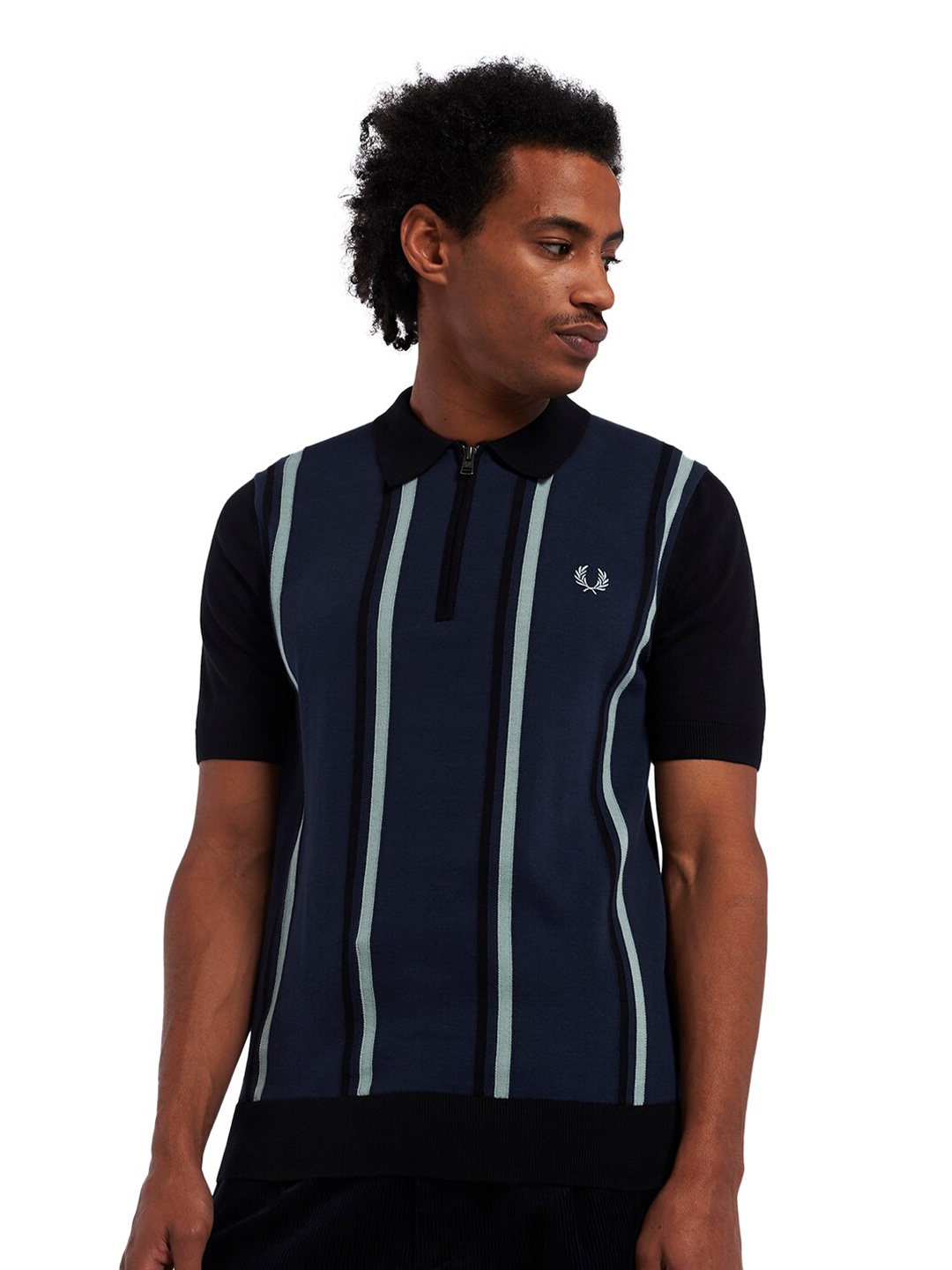 

Fred Perry Men Blue & Black Striped Polo Collar Pure Cotton T-shirt