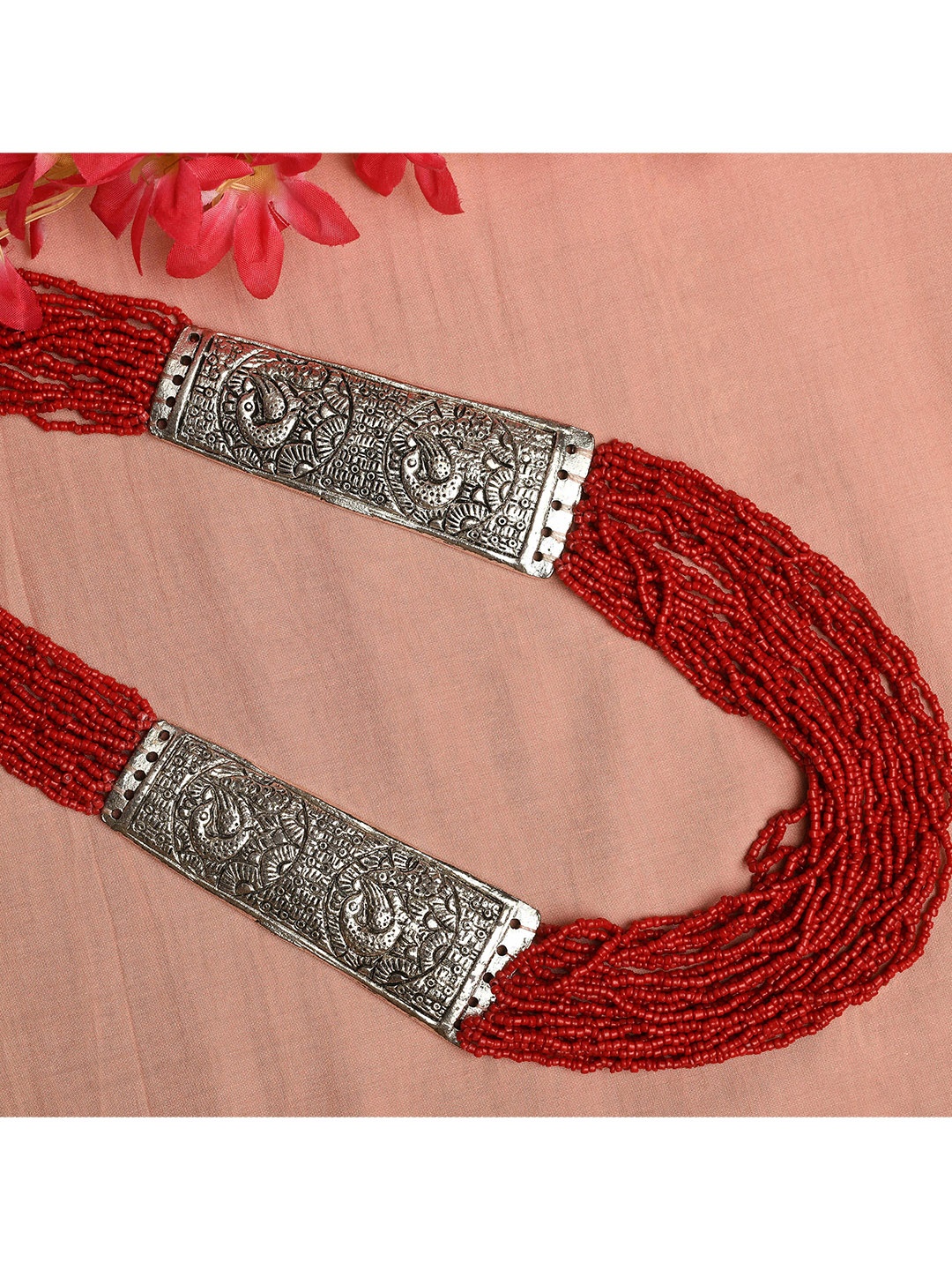 

Ratfanee Silver-Toned & Red Silver-Plated Layered Necklace