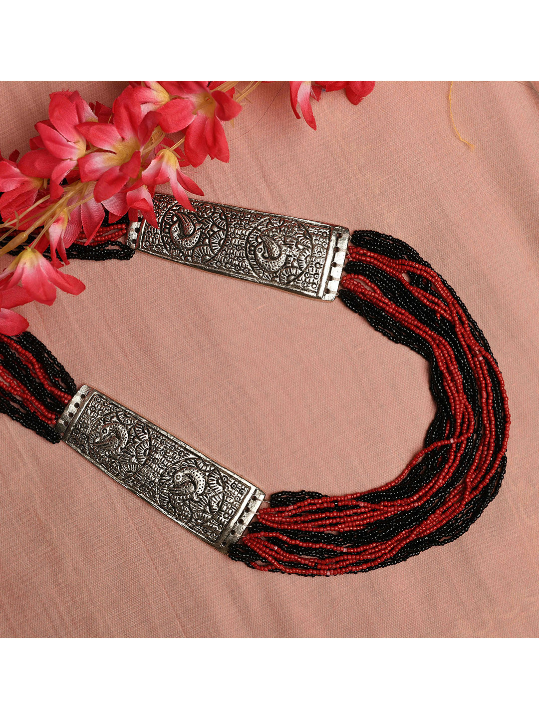 

Ratfanee Silver-Plated Red & Black Layered Necklace