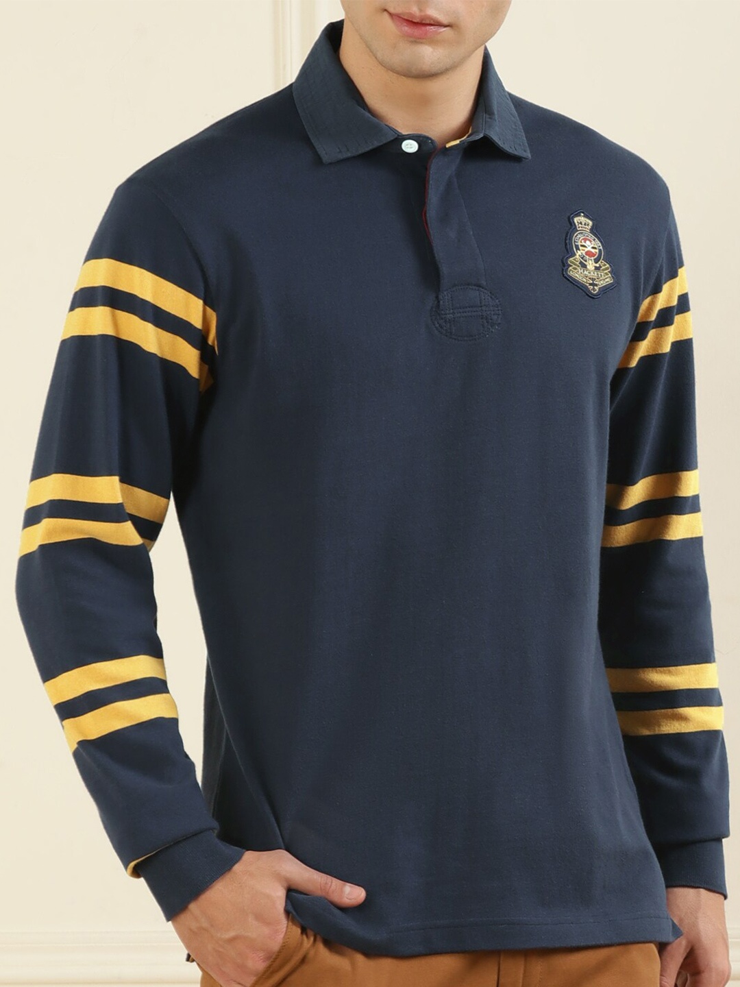 

HACKETT LONDON Men Navy Blue & Yellow Polo Collar Pure Cotton T-shirt