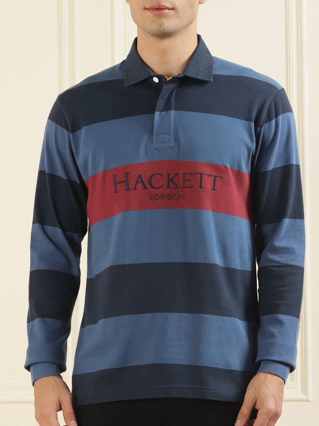 

HACKETT LONDON Men Navy Blue & Blue Striped Polo Collar Pure Cotton T-shirt