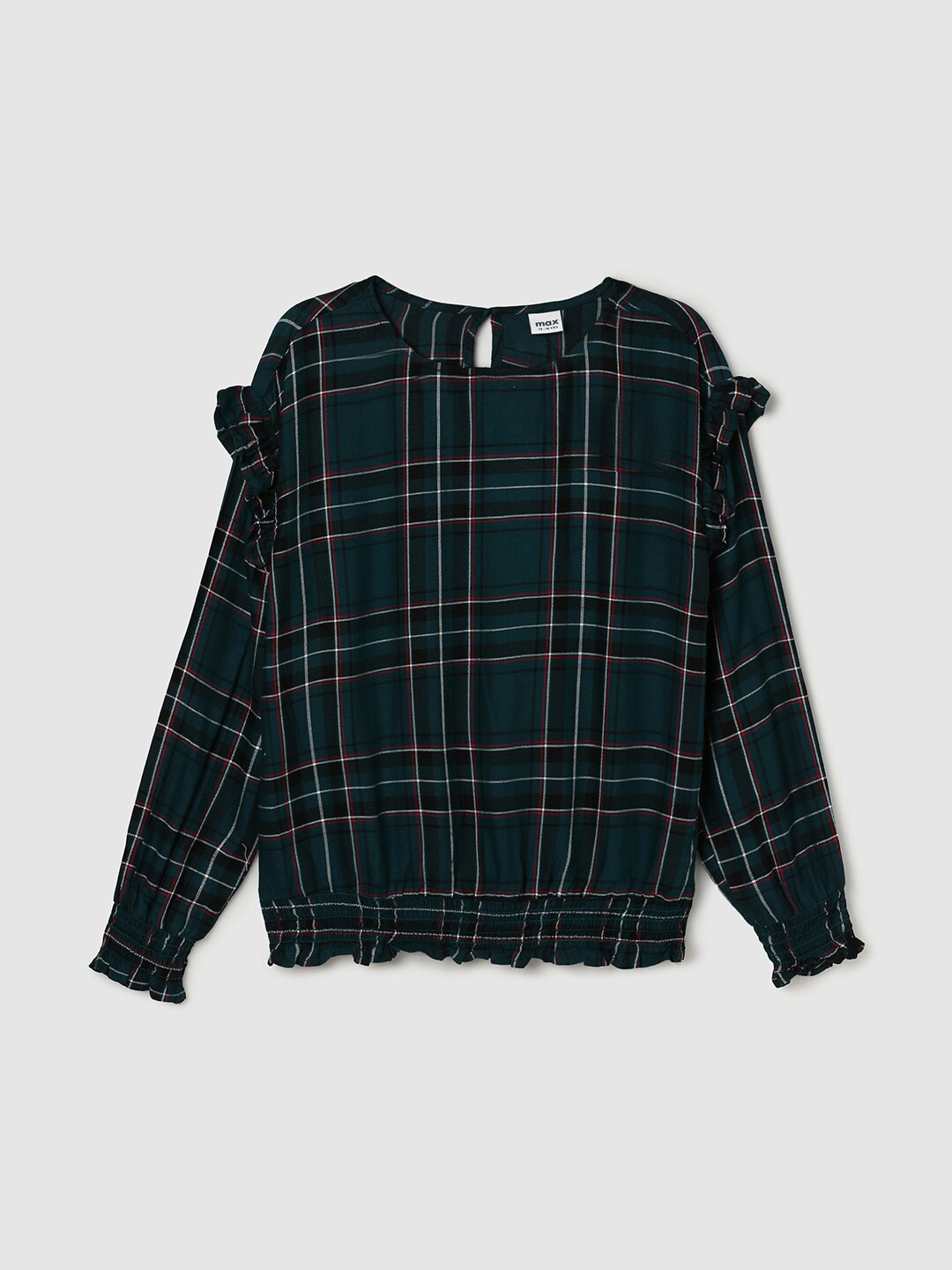 

max Girls Checked Ruffles Smocked Top, Teal