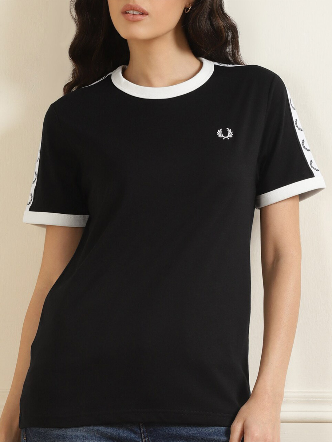 

Fred Perry Women Black & White Pure Cotton T-shirt