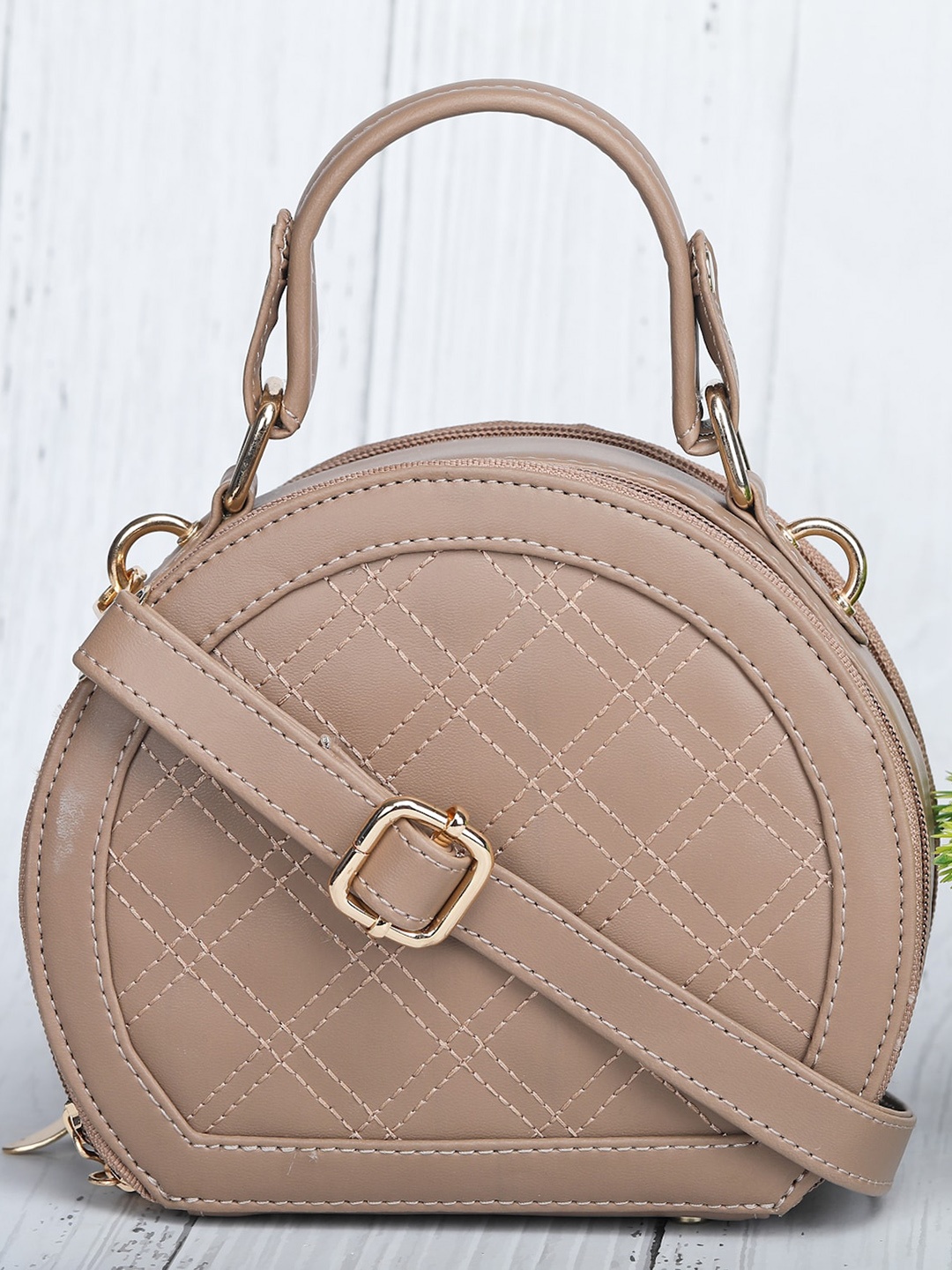 

LEGAL BRIBE Beige Textured PU Structured Sling Bag with Quilted
