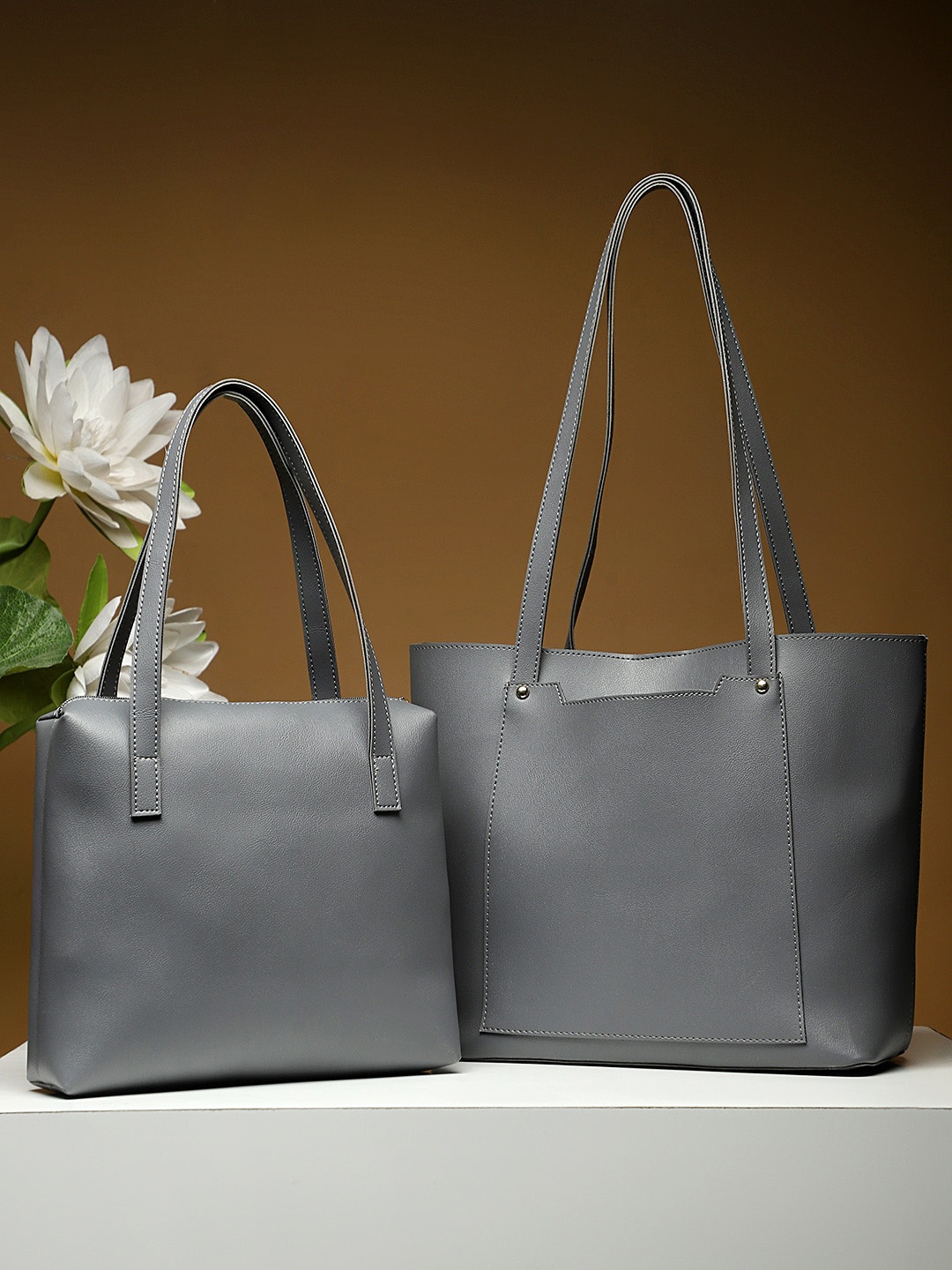 

LEGAL BRIBE Grey Pack of 2 PU Structured Tote Bag with Tasselled