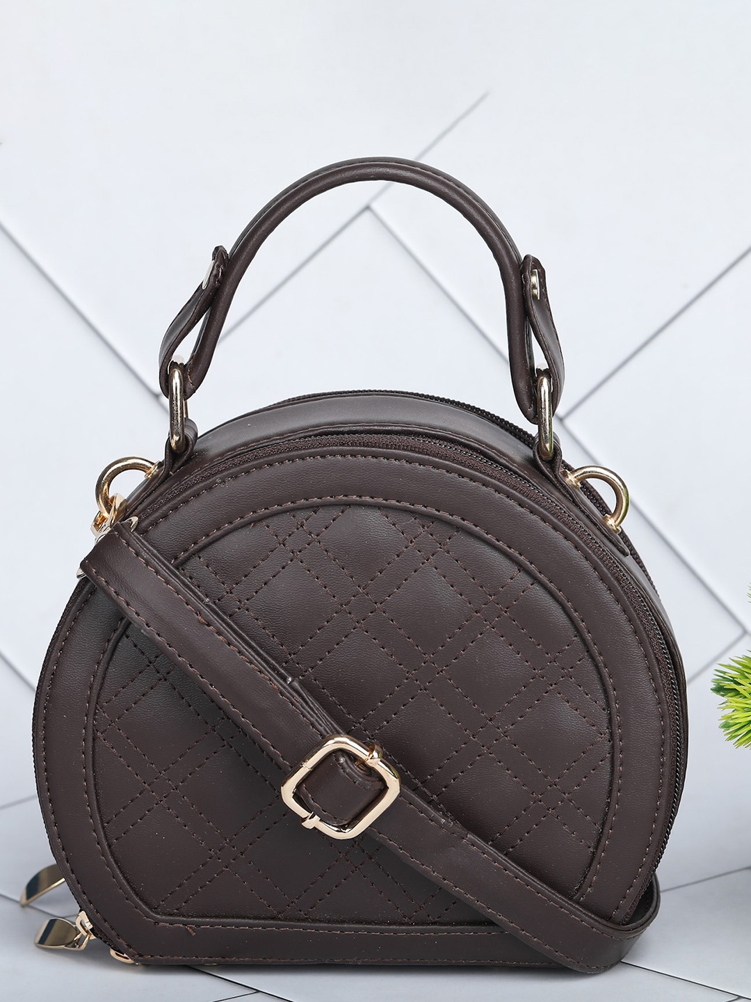 

LEGAL BRIBE Textured PU Half Moon Sling Bag with Quilted, Brown