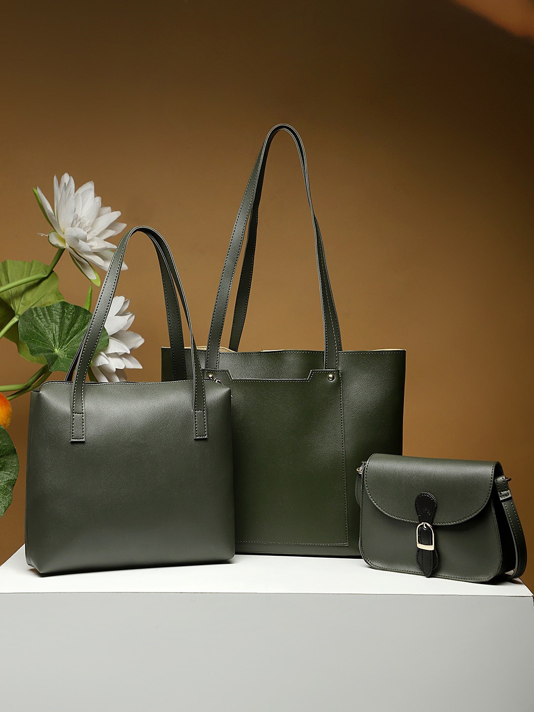 

LEGAL BRIBE Olive Green PU Oversized Structured Tote Bag with Tasselled
