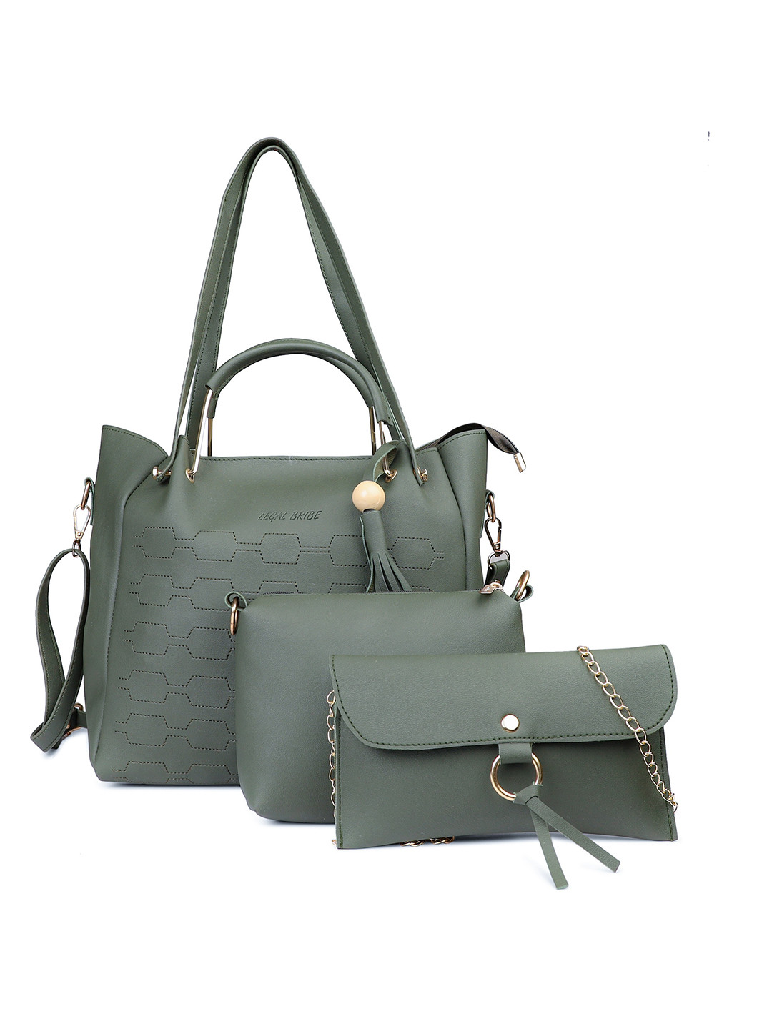 

LEGAL BRIBE Set of 3 PU Shopper Handheld Bag with Tasselled Handbags, Green