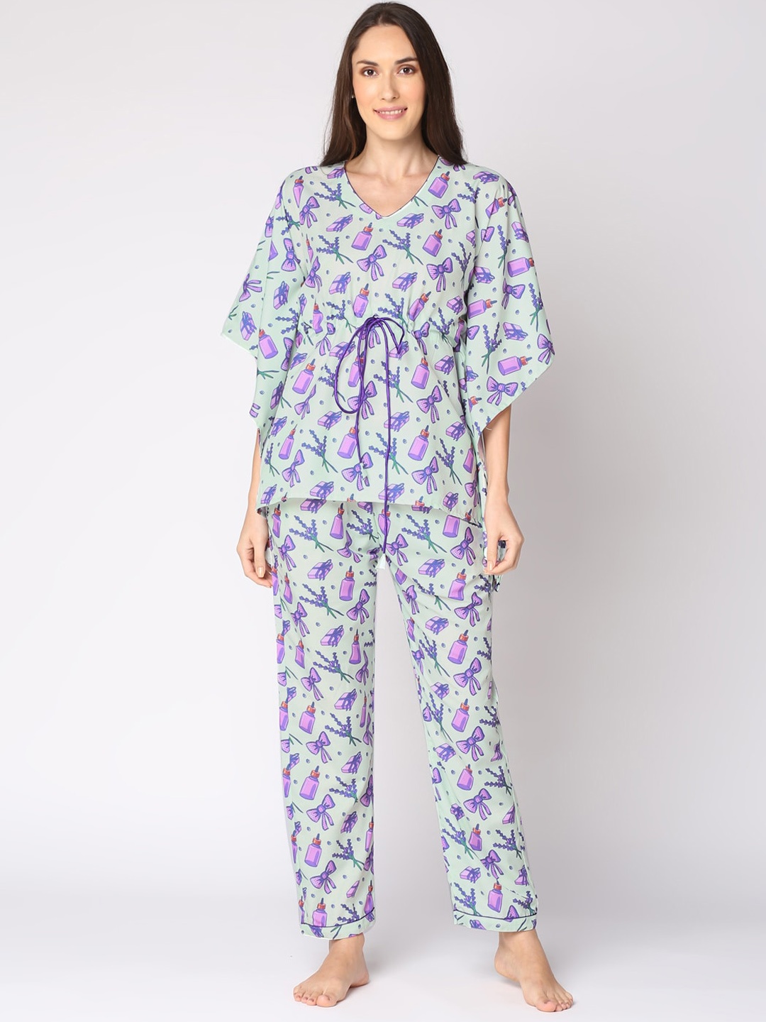 

Pyjama Party Women Printed Kaftan Night suit, Green