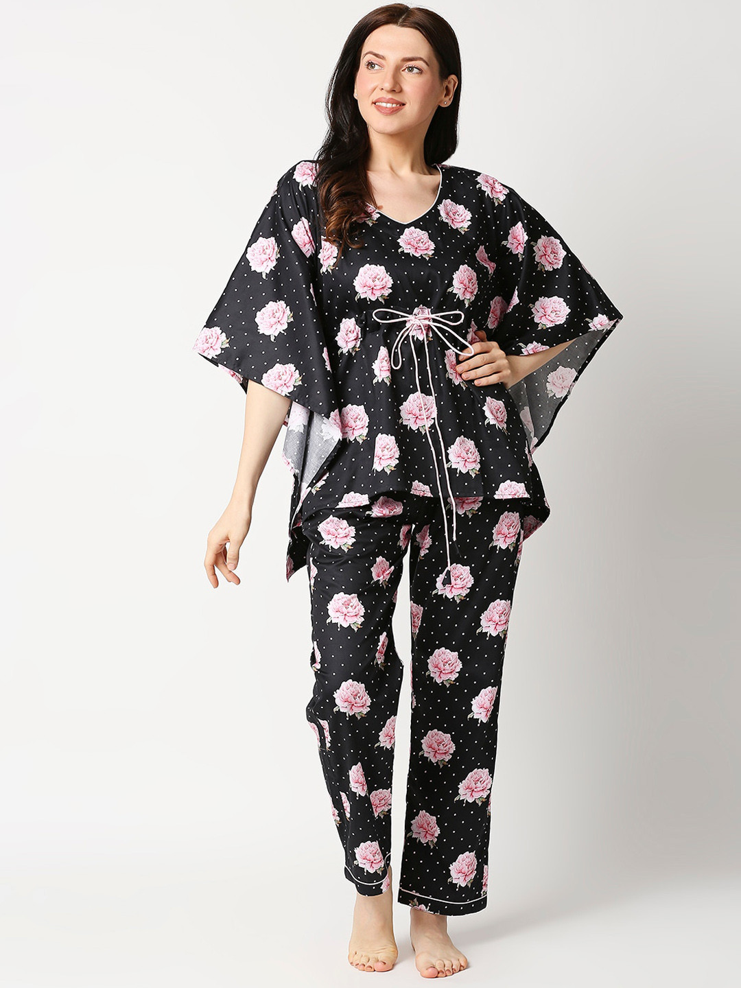 

Pyjama Party Women Printed Pure Cotton Kaftan Night suit, Black