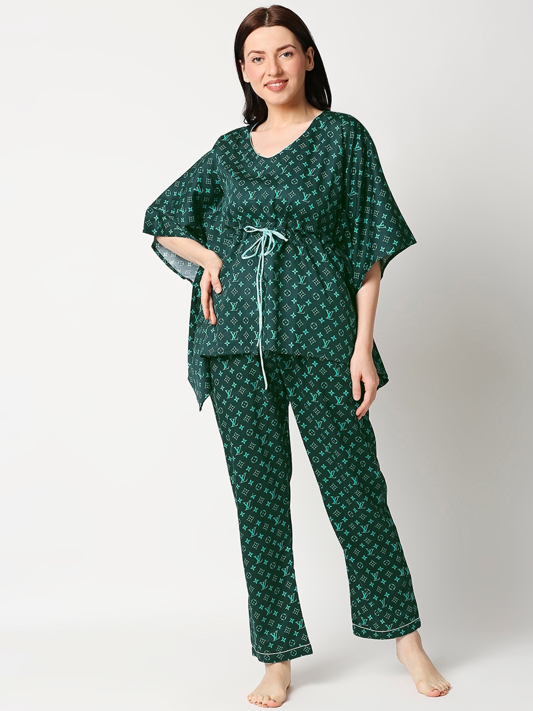 

Pyjama Party Women Printed Pure Cotton Night suit, Green