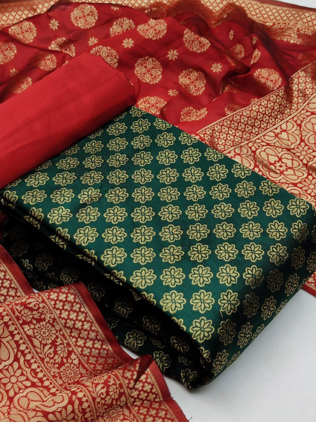 

MORLY Woven Design Dupion Silk Unstitched Dress Material, Green