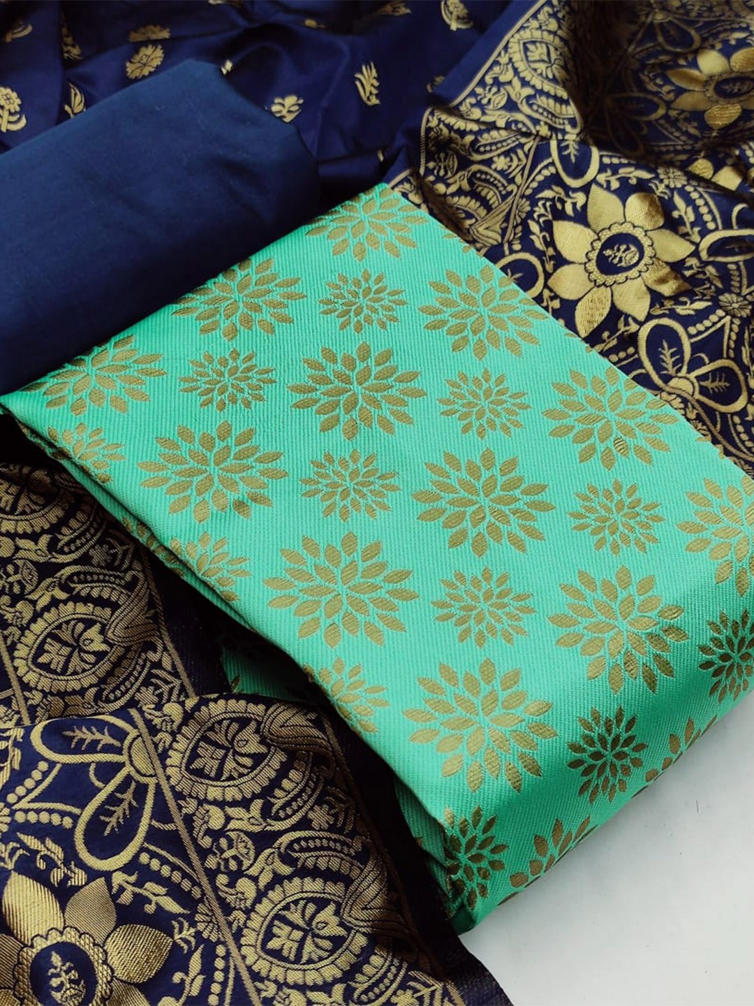 

MORLY Woven Design Dupion Silk Unstitched Dress Material, Sea green