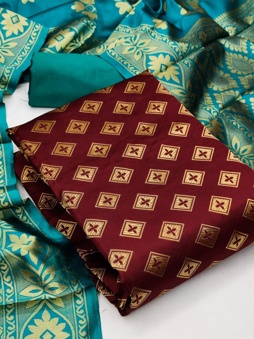 

MORLY Woven Design Dupion Silk Unstitched Dress Material, Maroon