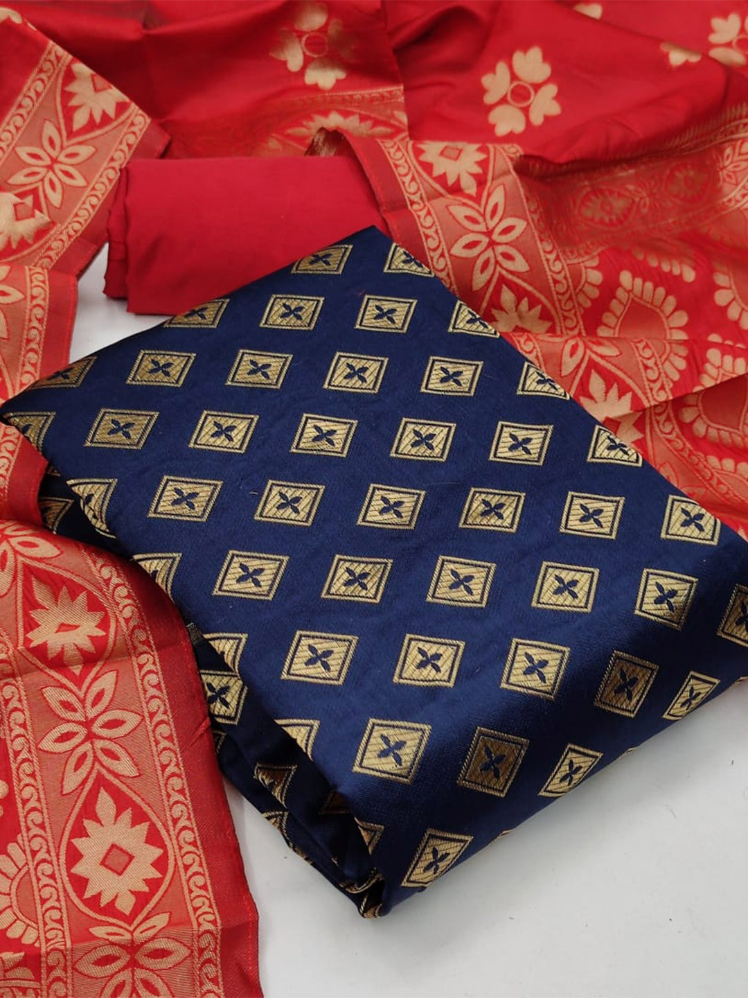

MORLY Banarasi Jacquard Dupion Silk Unstitched Dress Material, Blue