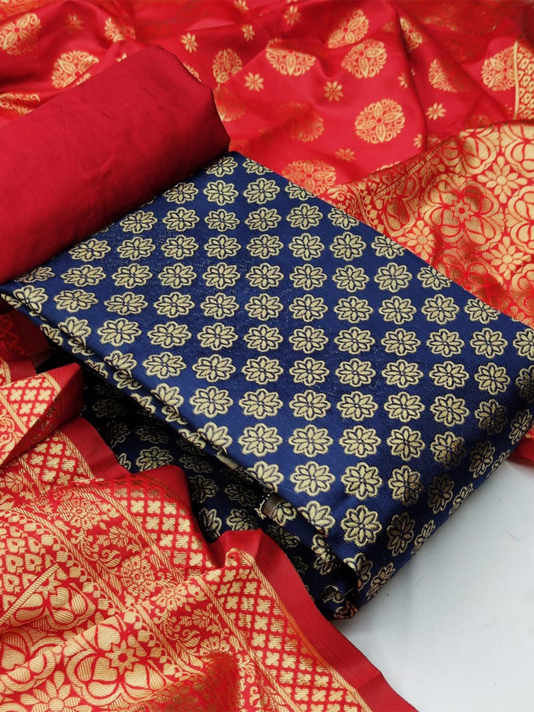

MORLY Banarasi Jacquard Dupion Silk Unstitched Dress Material, Navy blue