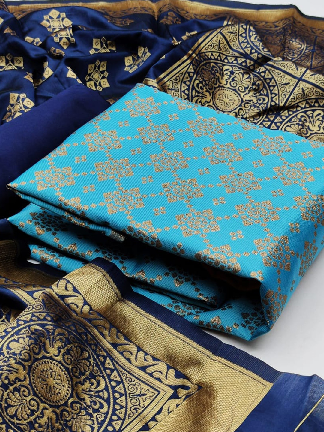 

MORLY Banarasi Jacquard Dupion Silk Unstitched Dress Material, Turquoise blue