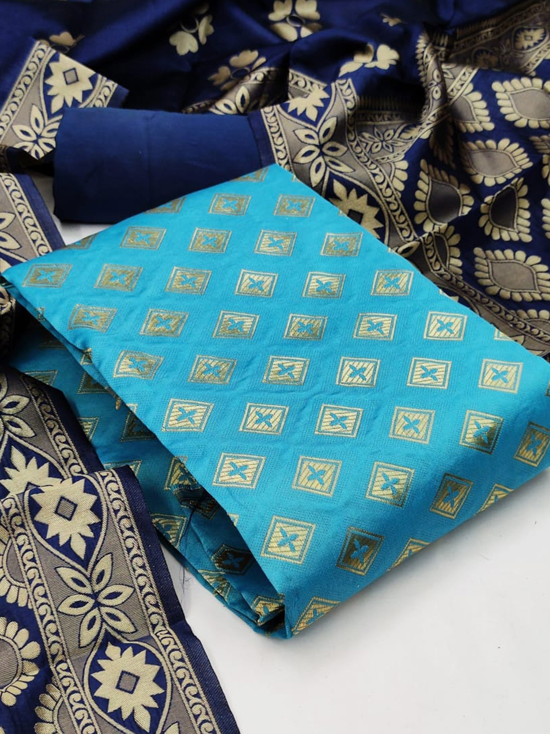 

MORLY Banarasi Jacquard Dupion Silk Unstitched Dress Material, Turquoise blue