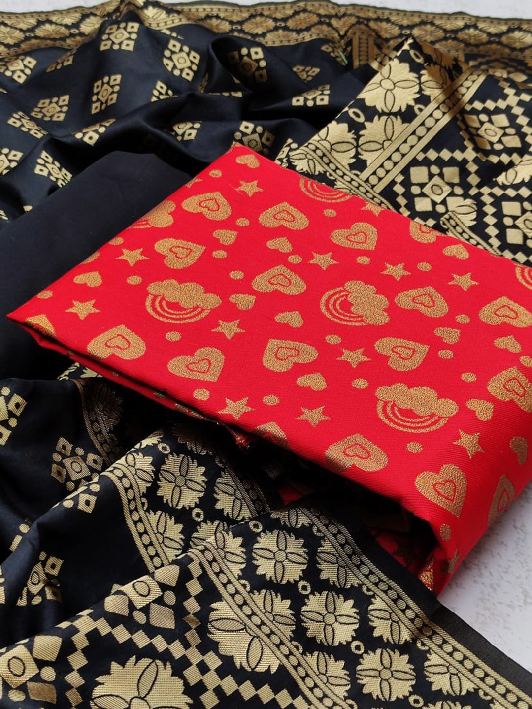 

MORLY Red & Black Dupion Silk Unstitched Dress Material