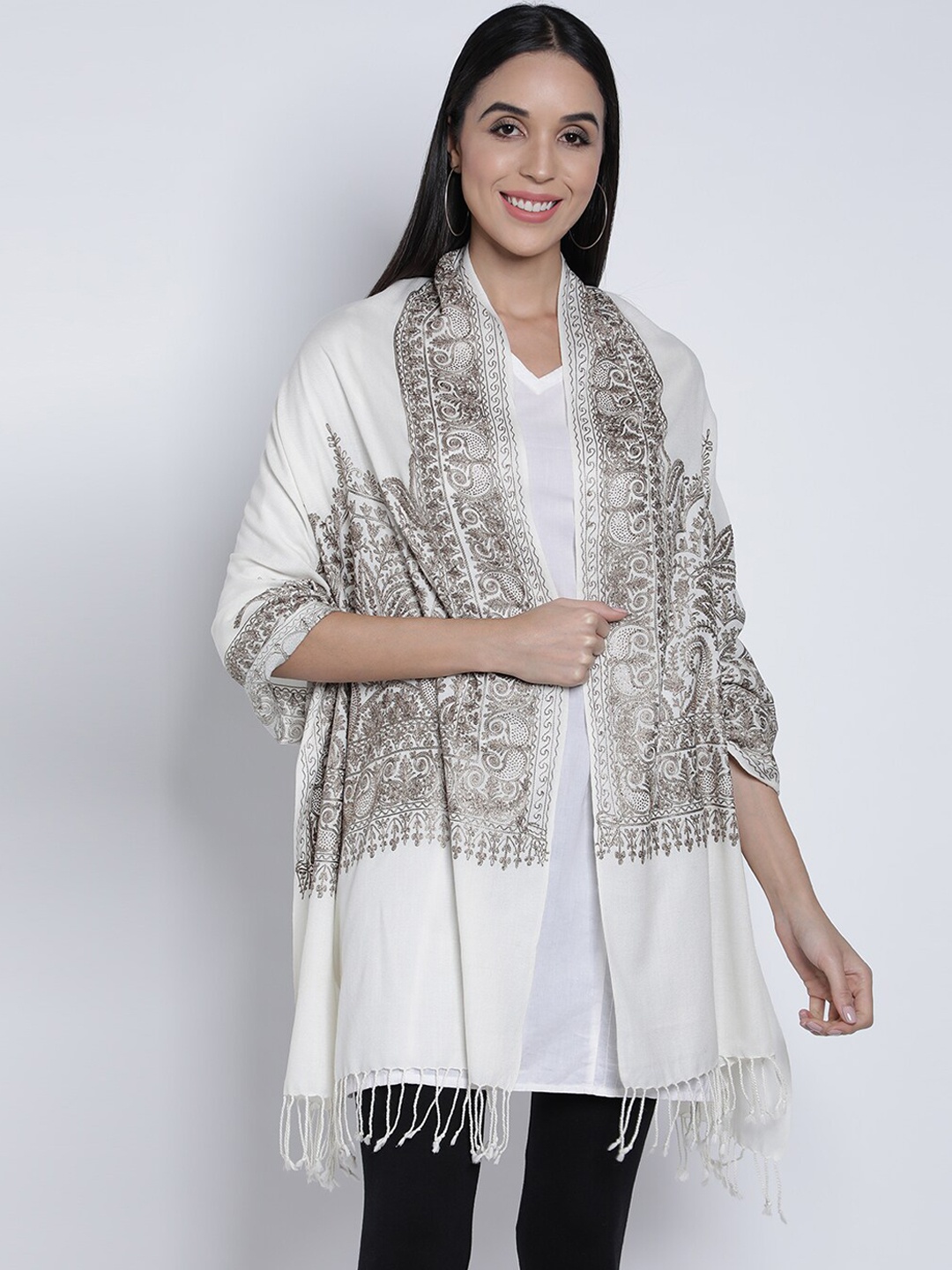 

Moda Chales Women Embroidered Woolen Shawl, White