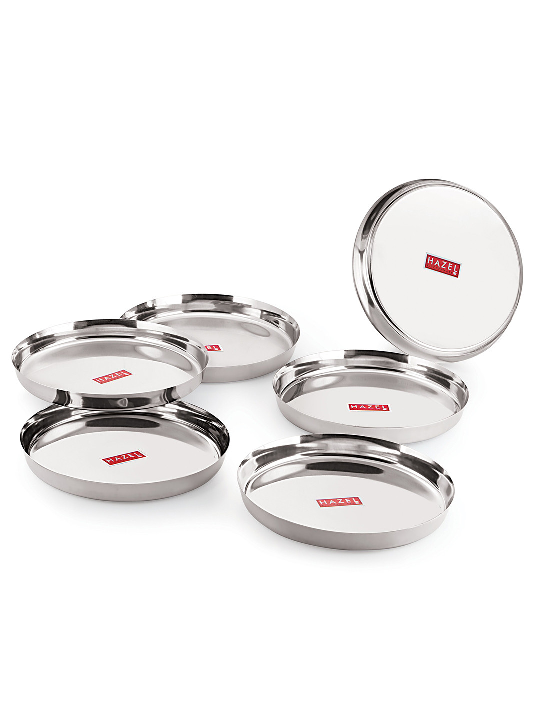 

HAZEL Set of 6 Stainless Steel Plates Set Mirror Finish Thali Plate Set 28 cm, Silver