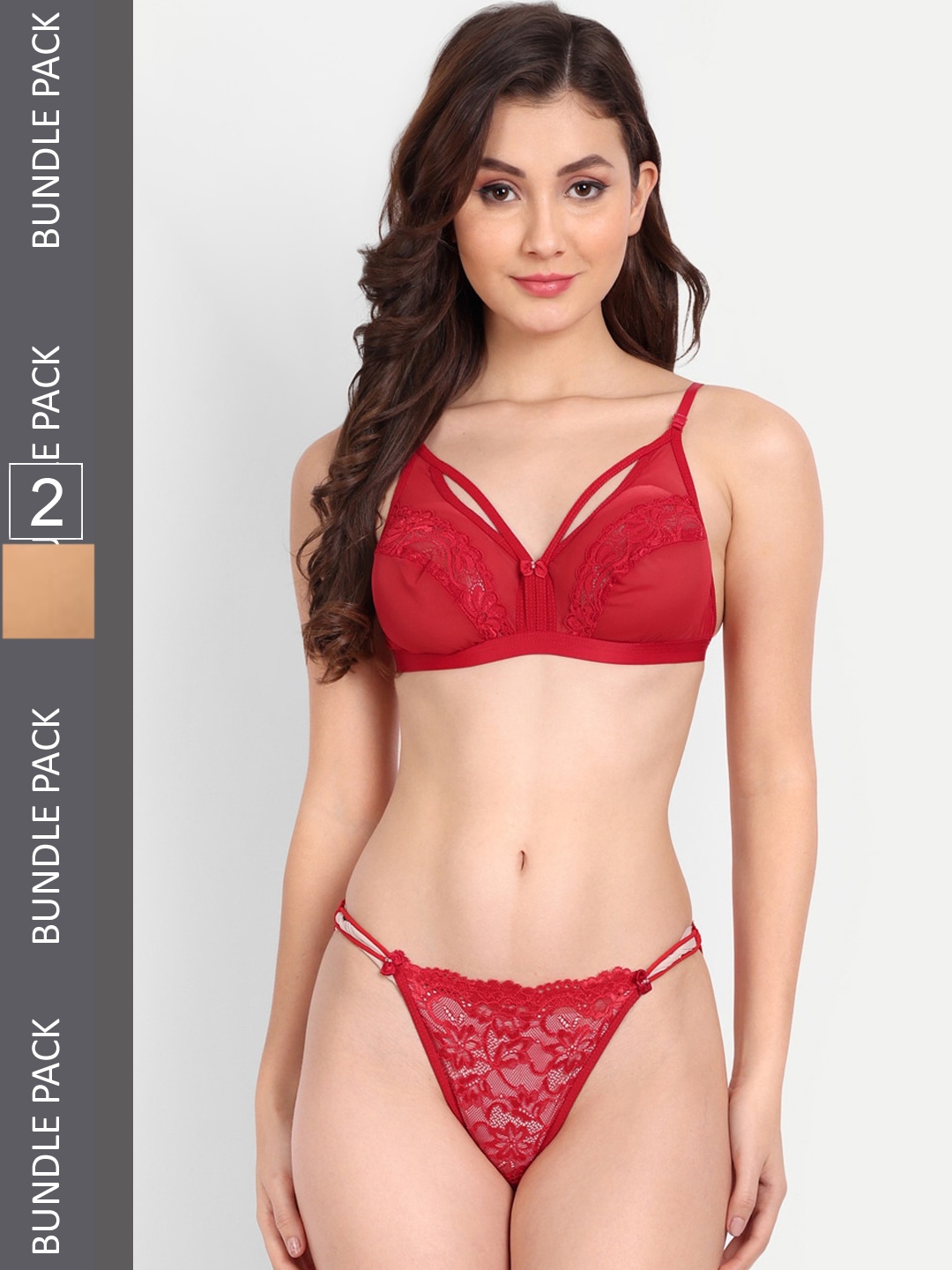 

FIMS Pack Of 2 Self-Design Lingerie Set, Red