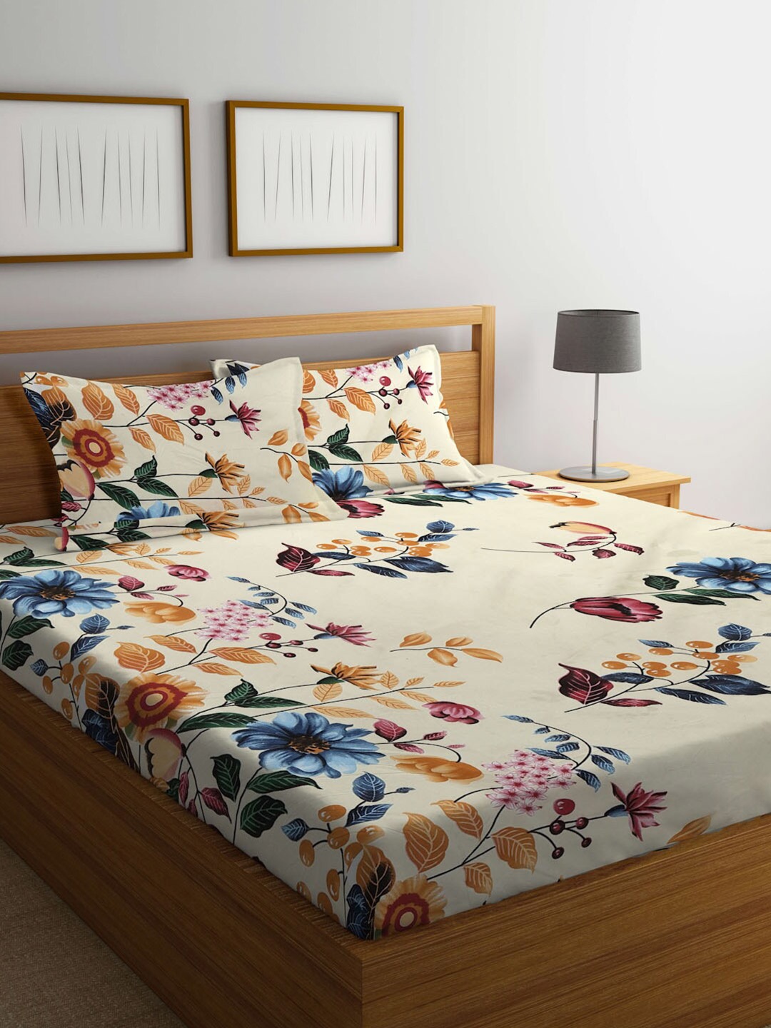 

KLOTTHE Floral Printed 300 TC King Bedsheet with 2 Pillow Covers, Beige