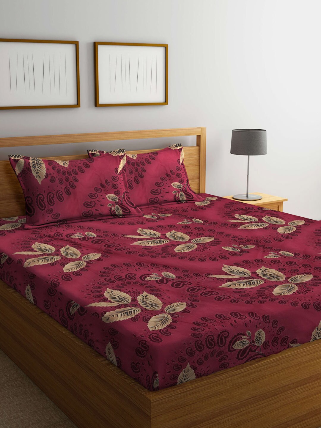 

KLOTTHE Ethnic Motifs Printed 300 TC King Bedsheet with 2 Pillow Covers, Maroon