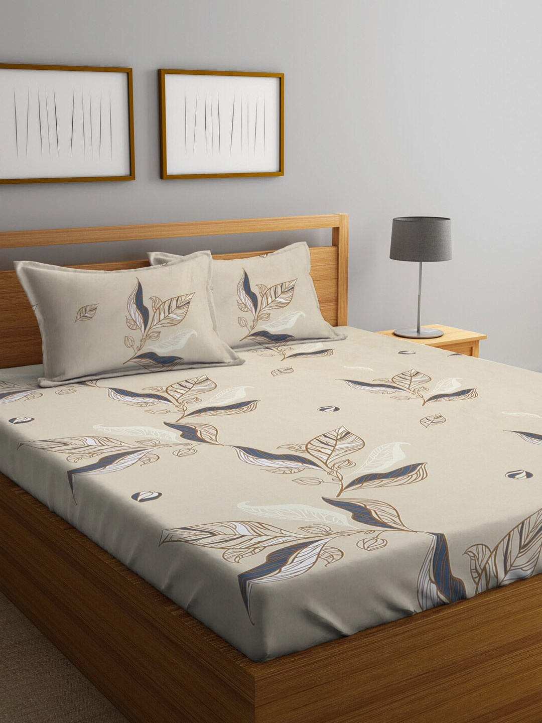 

KLOTTHE Floral Printed 300 TC King Bedsheet with 2 Pillow Covers, Beige