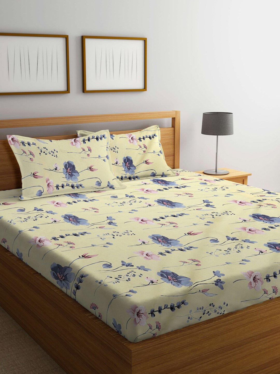 

KLOTTHE Floral Printed 300 TC King Bedsheet with 2 Pillow Covers, Yellow
