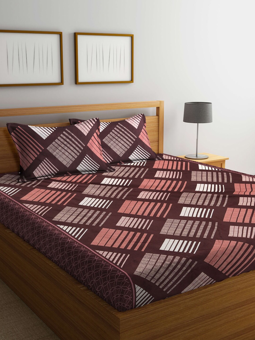 

KLOTTHE Geometric Printed 300 TC King Bedsheet with 2 Pillow Covers, Coffee brown