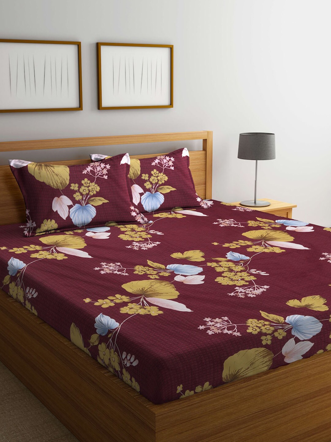 

KLOTTHE Maroon & Blue Floral Printed 300 TC King Bedsheet with 2 Pillow Covers