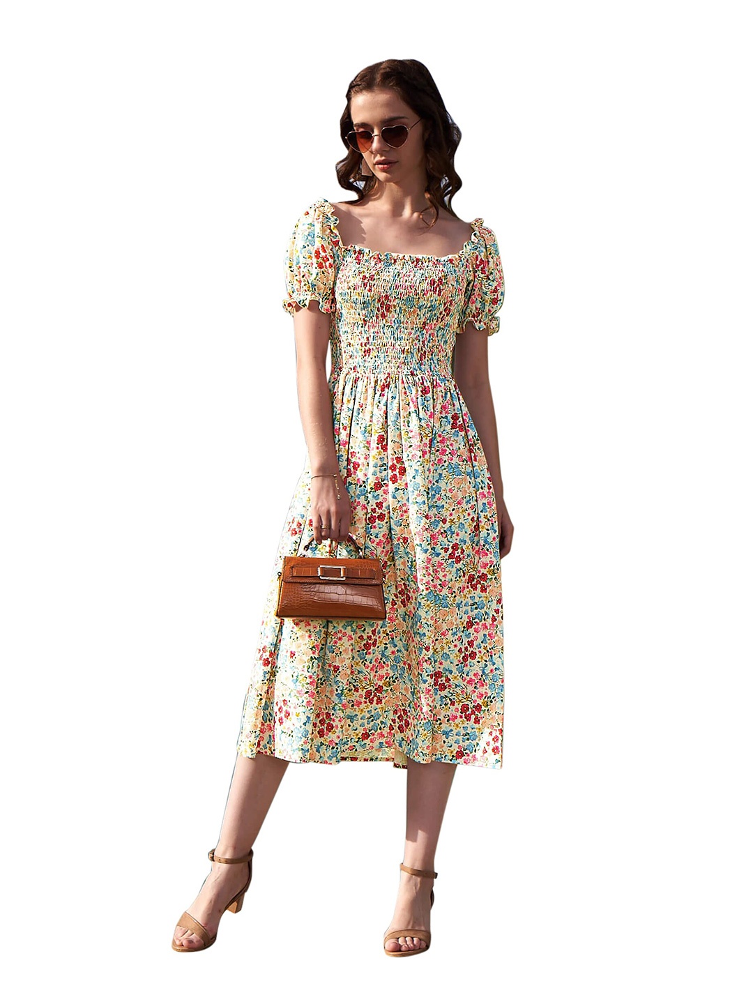 

NEOFAA Floral Printed Smocked Crepe Midi Dress, Blue