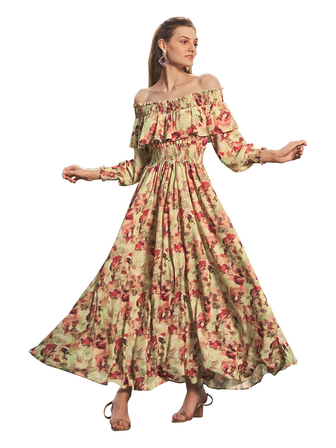 

NEOFAA Floral Off-Shoulder Maxi Dress, Red