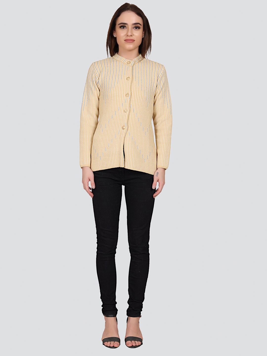 

Arshiya Women Beige & Grey Striped Organic Cotton Cardigan