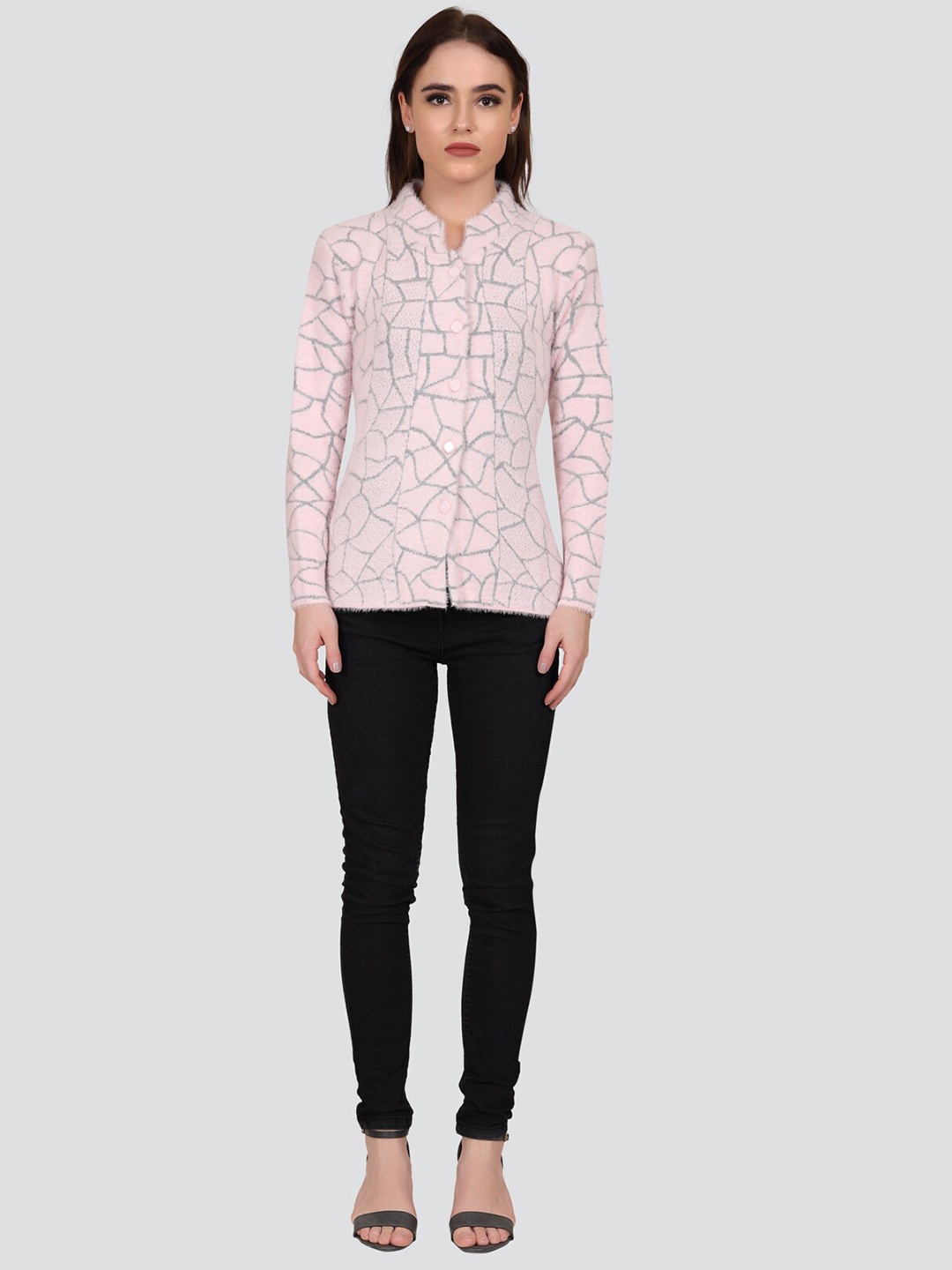 

Arshiya Women Pink & Grey Geometric Woollen Cardigan