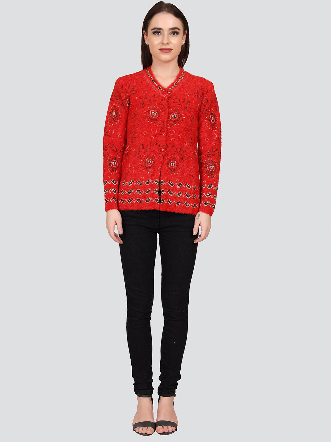 

Arshiya Women Red & Black Floral Woollen Cardigan