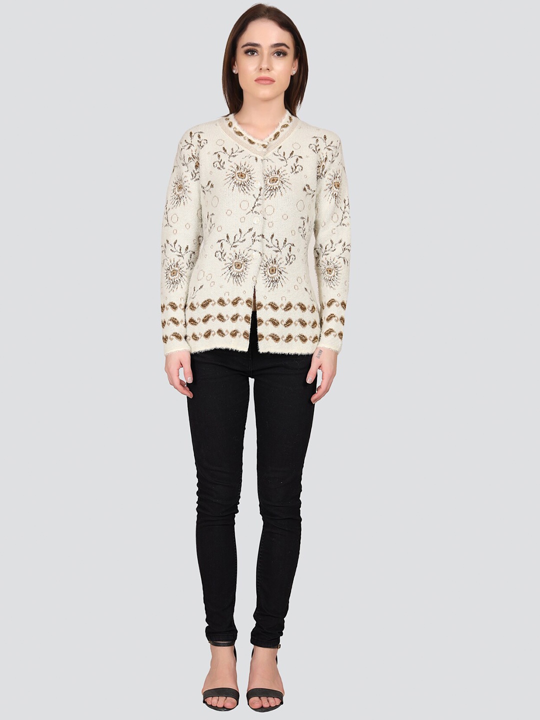 

Arshiya Women Cream-Coloured & Gold-Toned Floral Woollen Cardigan